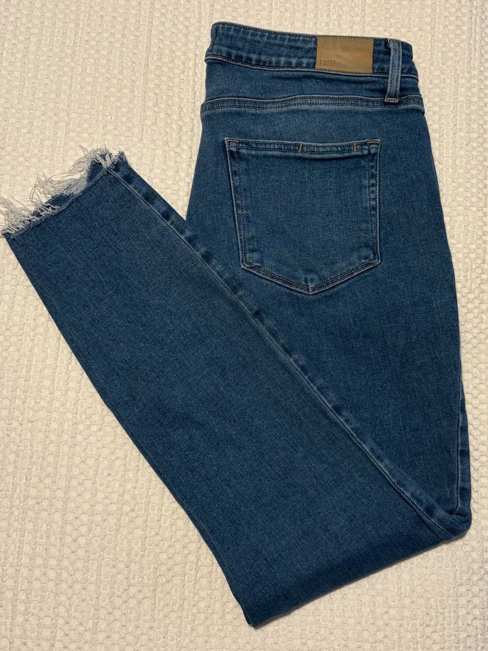 PAIGE Medium Blue High-Rise Hoxton Ankle Jeans with Frayed Hem
